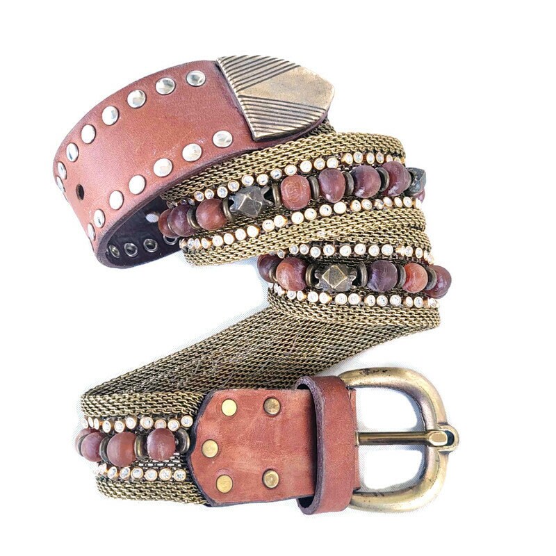Metal Mesh and leather unique studded belt Rainbow Jeweled Silver Metal Mesh & Black Leather Studded  main image 2