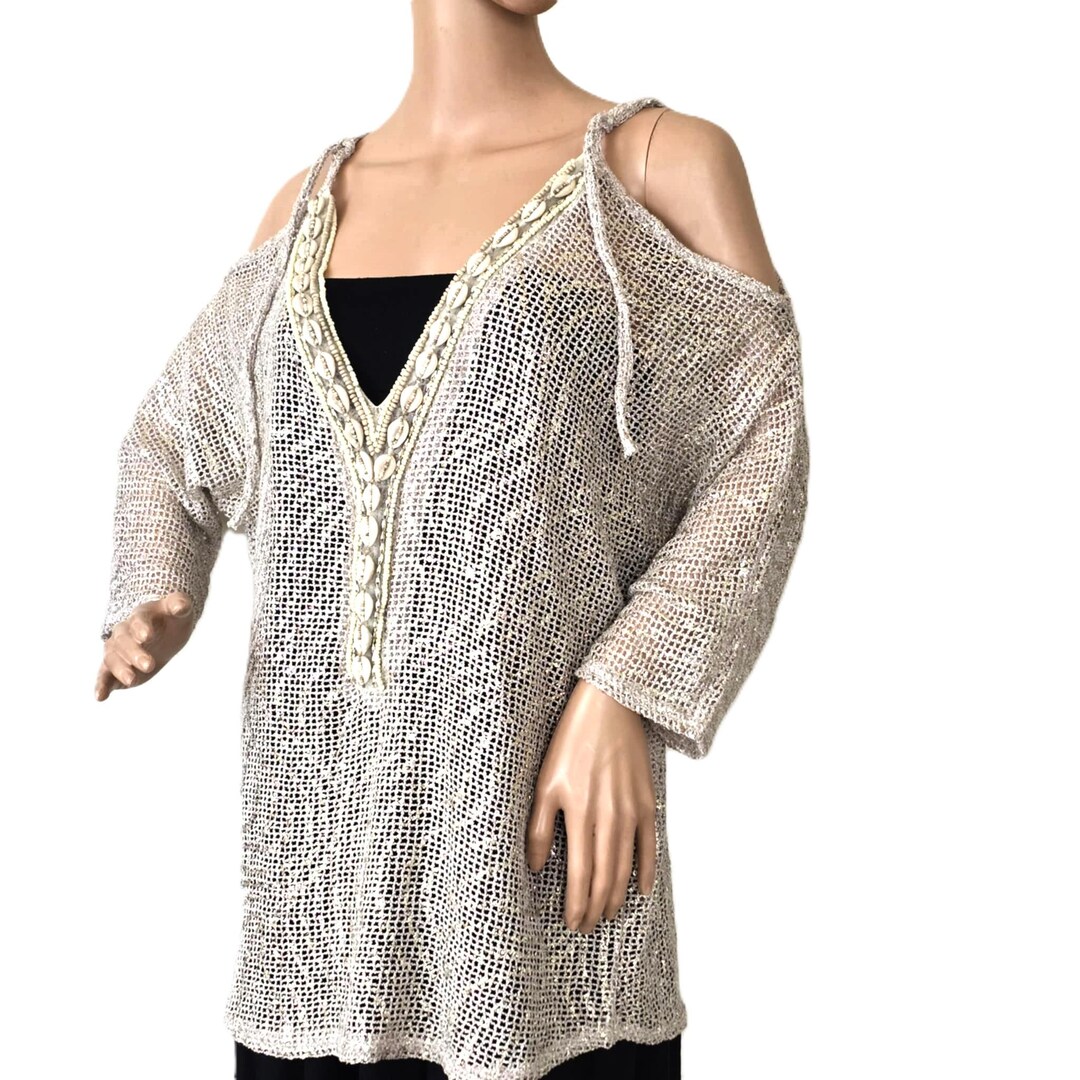 Vintage Boho Metallic Mesh Cold Shoulder Top With Real Seashells, Beige ...
