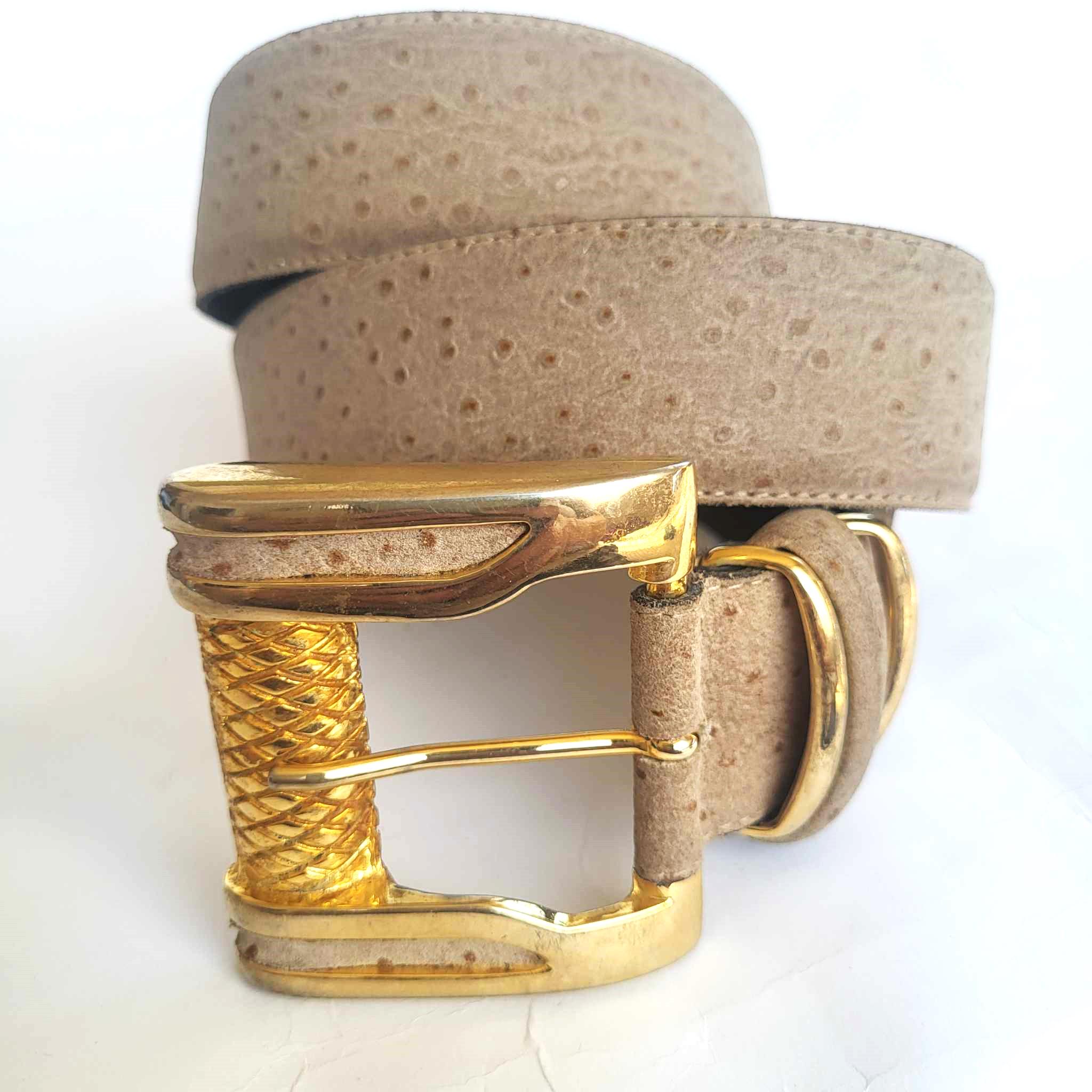 Ostrich Leather Lorenzi Vintage 80s Exotic Slim Light Brown Belt Vintage 1980s 1990s Ostrich Leather Belt Beige Exotic Design  main image 3