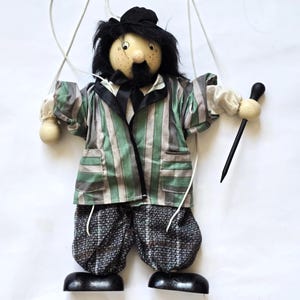 Vintage Wooden Marionette Puppet Doll Handcrafted 16” Tall Articulated Control String Puppet with Painted Face 1970s Czech Folk Style