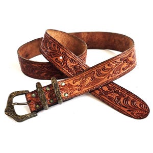 Western Leather Belt, Brown Tooled Leather Belt, Cowboy Belt, Unisex, Hippie Belt, Brass Buckle