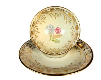 China Tea Cup and Saucer Bavaria Elfenbein Porcelain Tea Set Flowers Golden Pattern German China Set