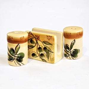 Set di saliera e pepiera in ceramica fatti a mano con porta tovaglioli, design vintage con olive mediterranee, set in ceramica per tavolo da pranzo, cucina rustica