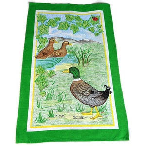 Vintage Tea Towel with Ducks, Goose Kitchen Towel, Green Cotton Dish Towel