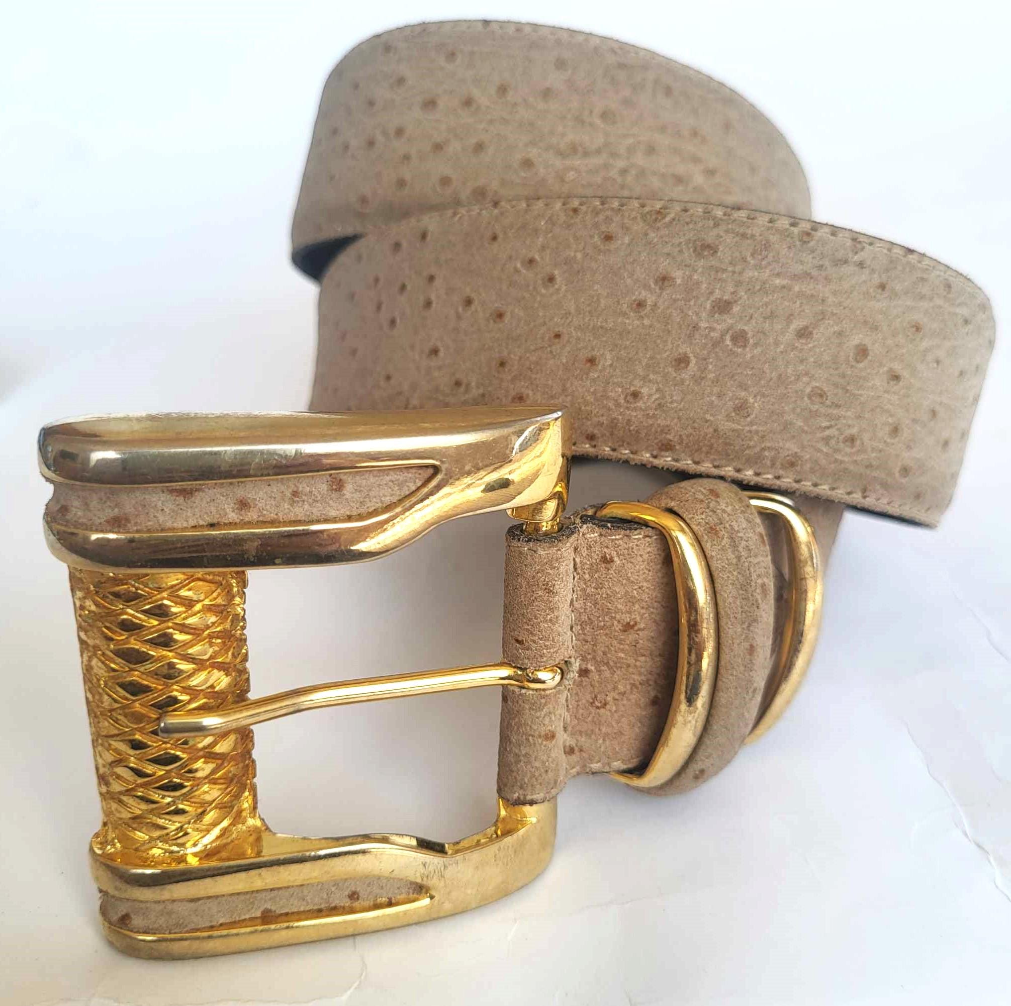 Vintage 1980 90’s wide tan leather ostrich embossed big buckle retro Belt Small Vintage 1980s 1990s Ostrich Leather Belt Beige Exotic Design  main image 2