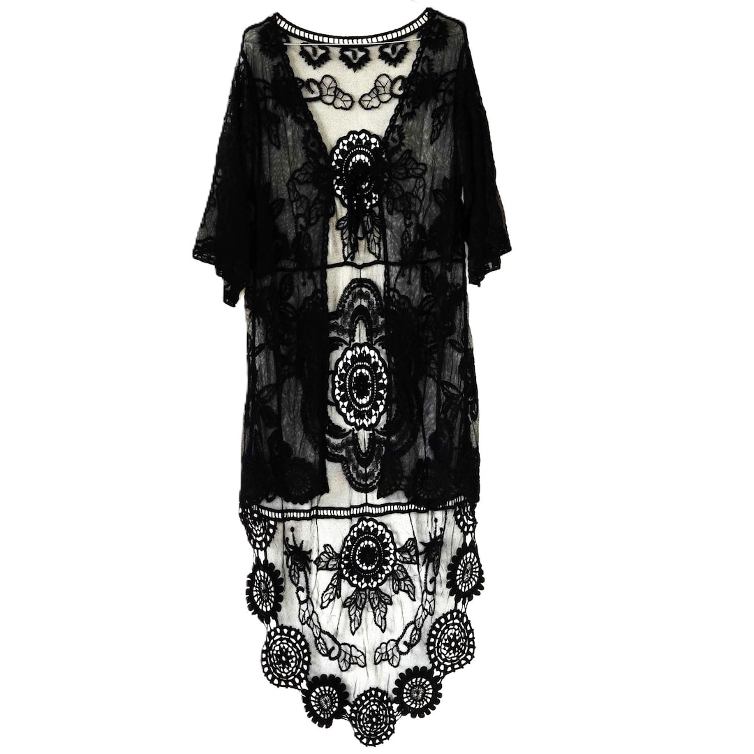 Black Lace Duster, Asymmetric Long Jacket Cover up Bohemian Womens