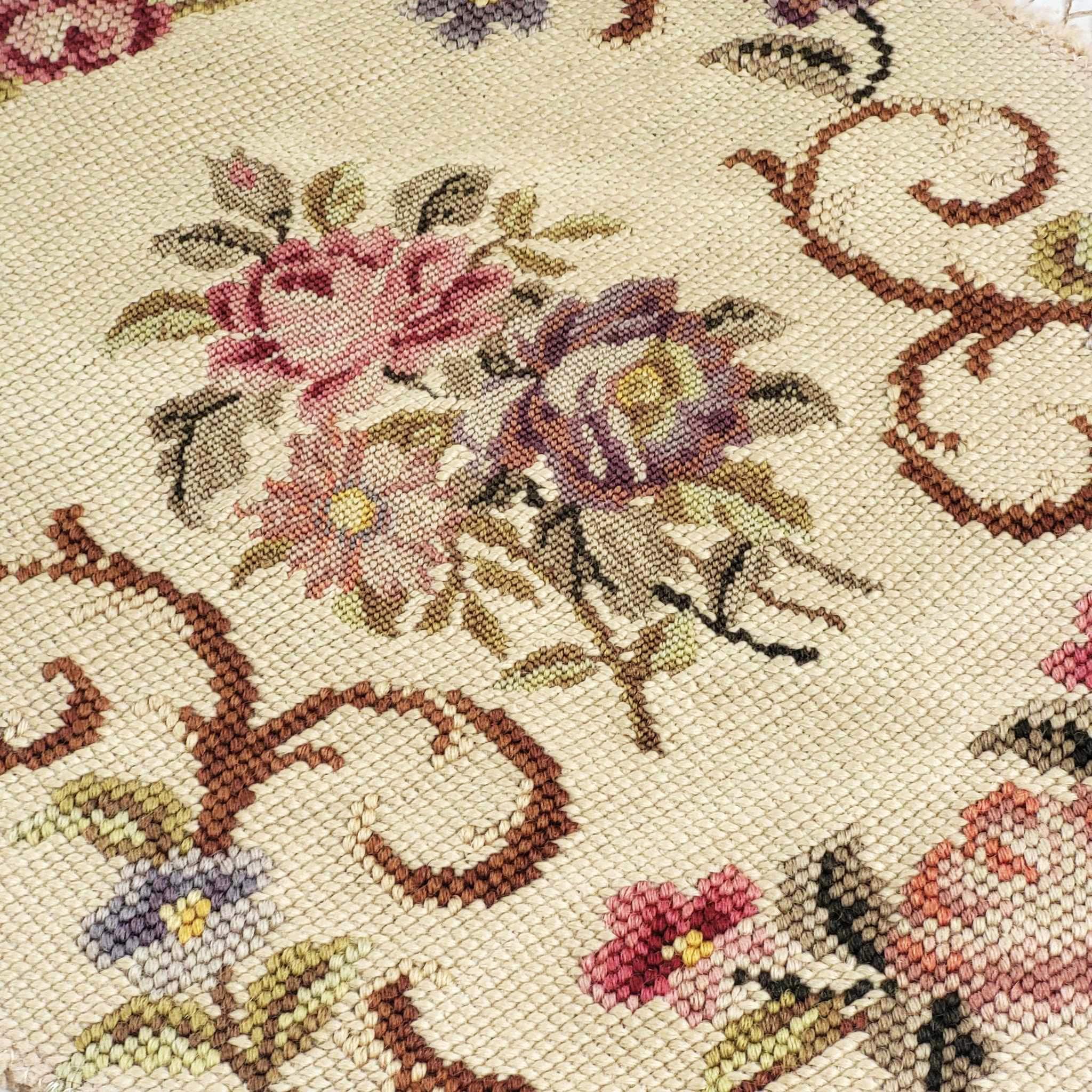 Vintage Floral Needlepoint Chair Seat Cover Pillow Case Pastel Roses Pattern Petit Point Hand Embroidery Linen Finished Panel Oval Shape