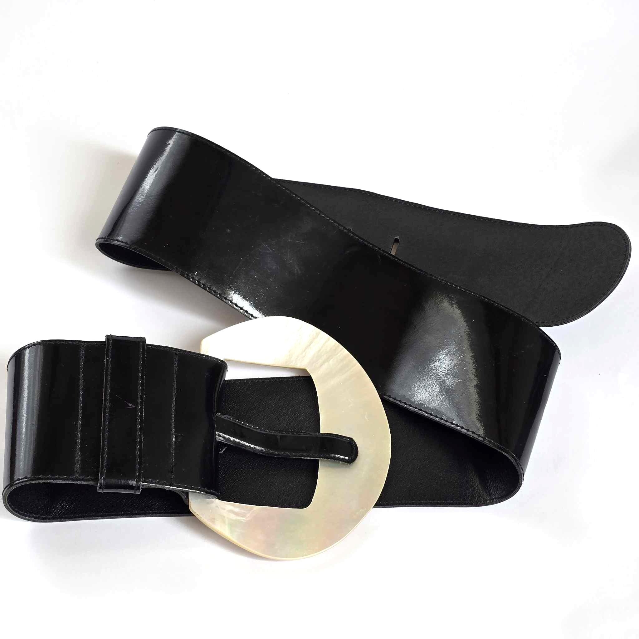 Wide Black Waist Belt with Pearl Bee Buckle Women main image 4