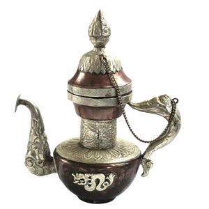 Antique Tibetan Teapot, Copper Silver Tea Pot with Dragon Handle