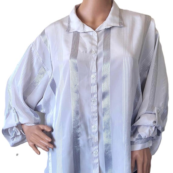Vintage 80s Women Blouse Striped White Dress Shirt Button Front 