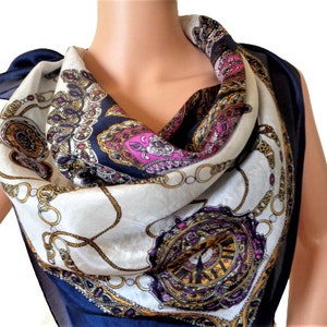 Baroque Silk Scarf, Royal Blue Head Scarf, Chain Print, Fan Clocks Design Large Square Hair Scarf, Vintage Womens Scarves
