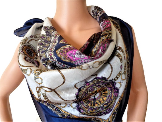 Baroque Silk Scarf, Royal Blue Head Scarf, Chain … - image 1