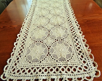Vintage Ecru Crochet Table Runner, Rectangle Lace Table Scarf, Doily