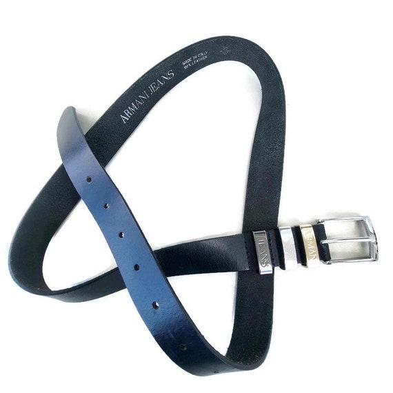 ARMANI Jeans Belt for Men, Black Leather, Silver … - image 1