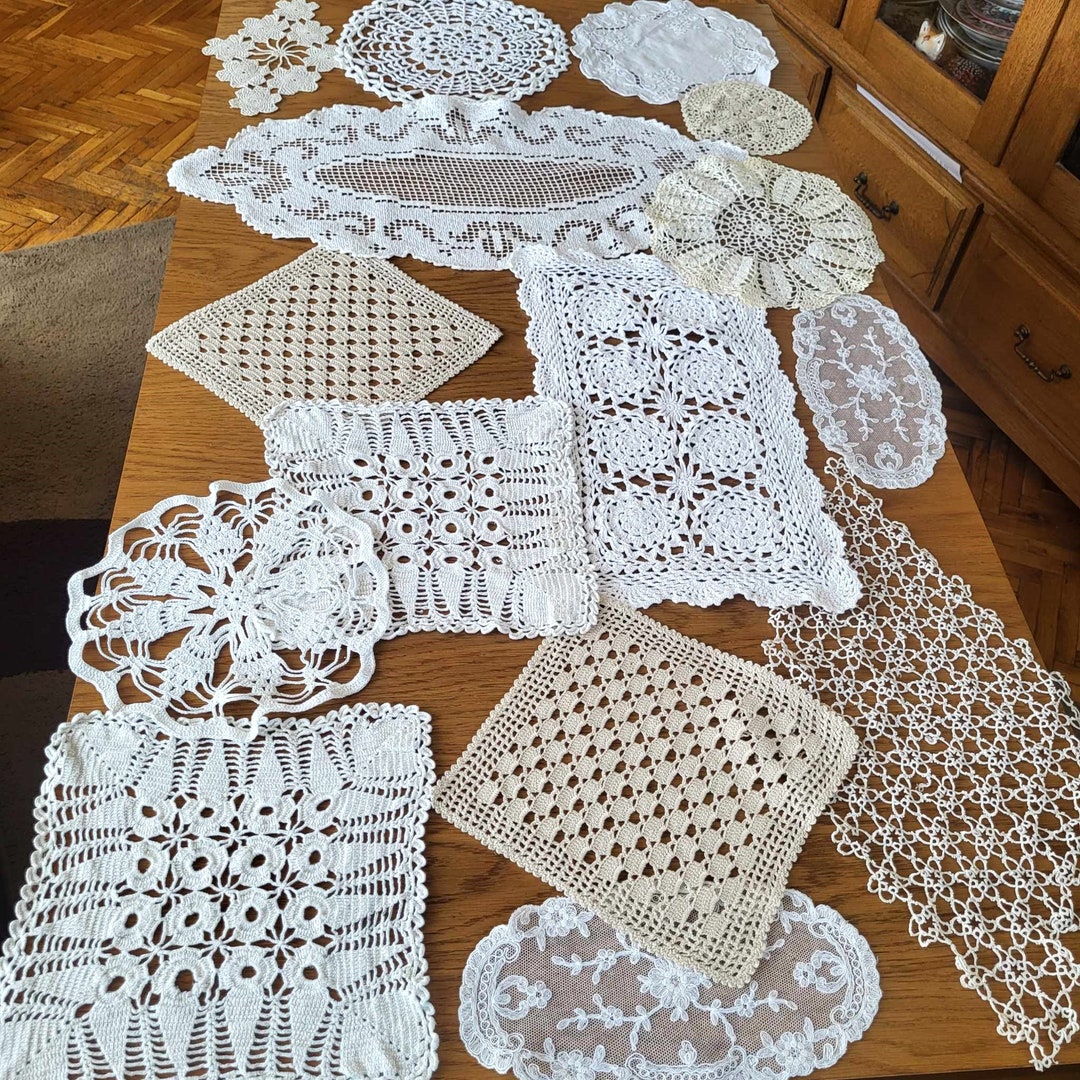Lot Hand Crochet Doilies, Bulk Lace Crocheted Table Runners Doily Small