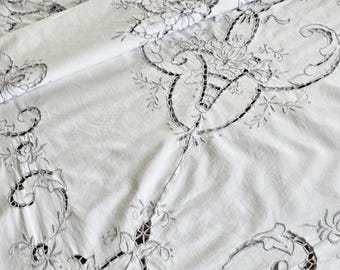 Vintage Off White Tablecloth Cutwork Richelieu Embroidery Square Table Cloth Scalloped Edge Ornate Floral Scroll Motifs Madeira Needlework