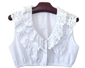 Vintage Hess Frackmann White Dirndl Blouse, Bavarian Crop Trachten Top with Double Lace Collar Size M
