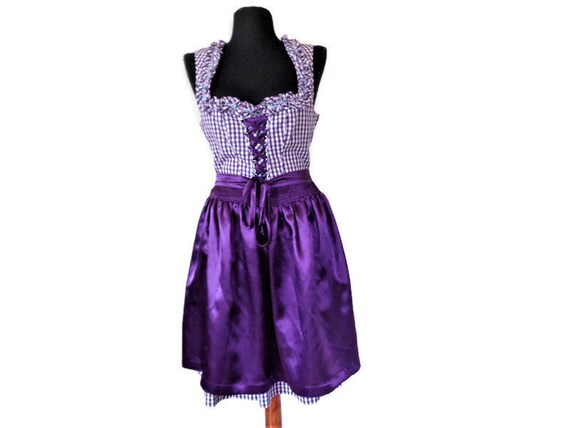 German Dirndl Dress with Apron, Purple White Plaid