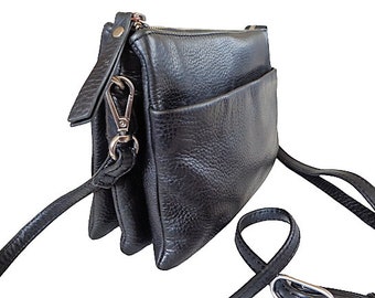 Black Leather Crossbody Bag, Cowhide Pebble Leather Purse, Danish Shoulder Bag, Scandinavian Design