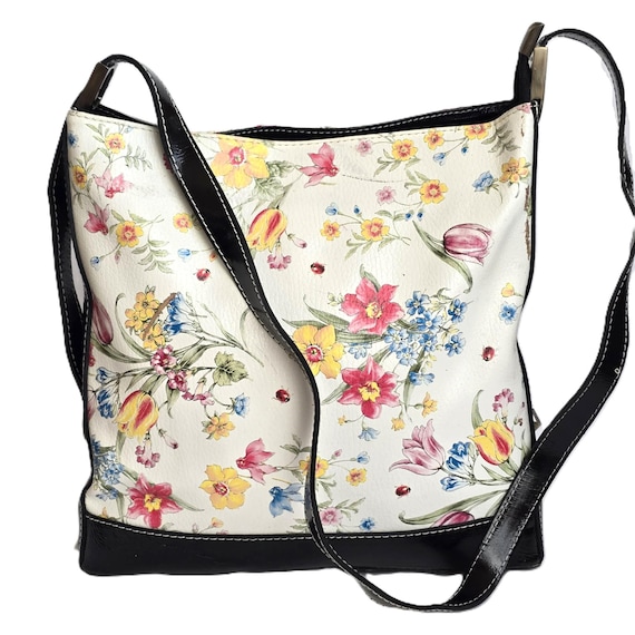 Vintage Borse in Pelle Shoulder Bag, Italian Leather Handbag Tote with Floral Print