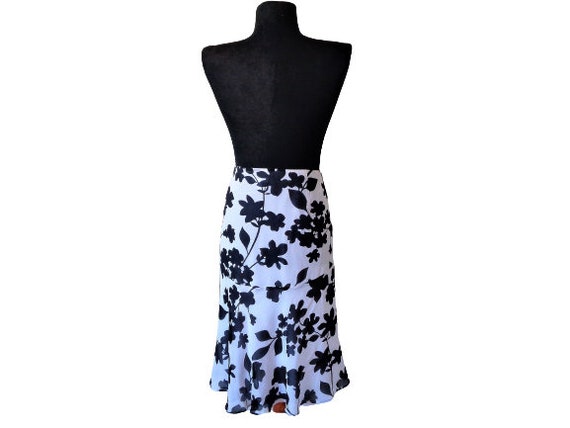 ESCADA Silk Skirt, Black White Floral Print, Bias… - image 3