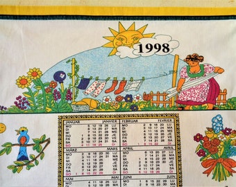 Calendar 1998 Tea Towel, Cloth Calendar, Vintage Kitchen Wall Hanging