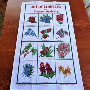 Wildflowers Tea Towel, Vintage kitchen towel, Botanical Print, Souvenir of Australia