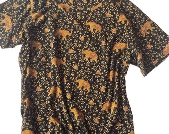 JIM THOMPSON Women T Shirt with Elephant Print Black Brown Mustard Short Sleeves Blouse Top Vintage Stretch Cotton Tee Shirt Size XL