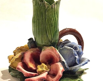 Capodimonte Porcelain Candlestick Holder with Handle Vintage Floral Hand Sculpted Pink Blue Yellow Roses Italian Candle Holder Home Accent