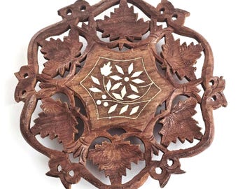 Salvamanteles de madera tallada, salvamanteles de palisandro indio, salvamanteles con incrustaciones de madera perforada, India
