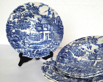 El cazador de Myott Deep Ironstone Plate Bowl Blue White Transferware China English Soup Dish Vintage England Vajilla