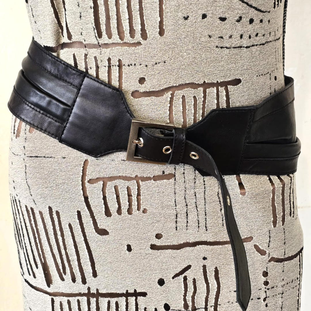 Vintage Black Leather Belt by ZENTO Pleated Very Wide Women Sash