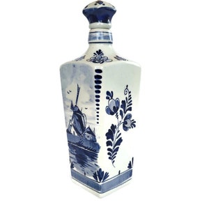 DELFT Blue Ceramic Bottle with Stopper Hand Painting Vintage Traditional Dutch Art Pottery for Kitchen Storage or Home Decor Display
