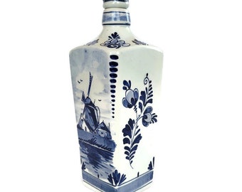 DELFT Botella de cerámica azul con tapón Pintura a mano Cerámica de arte tradicional holandés vintage para almacenamiento de cocina o exhibición de decoración del hogar