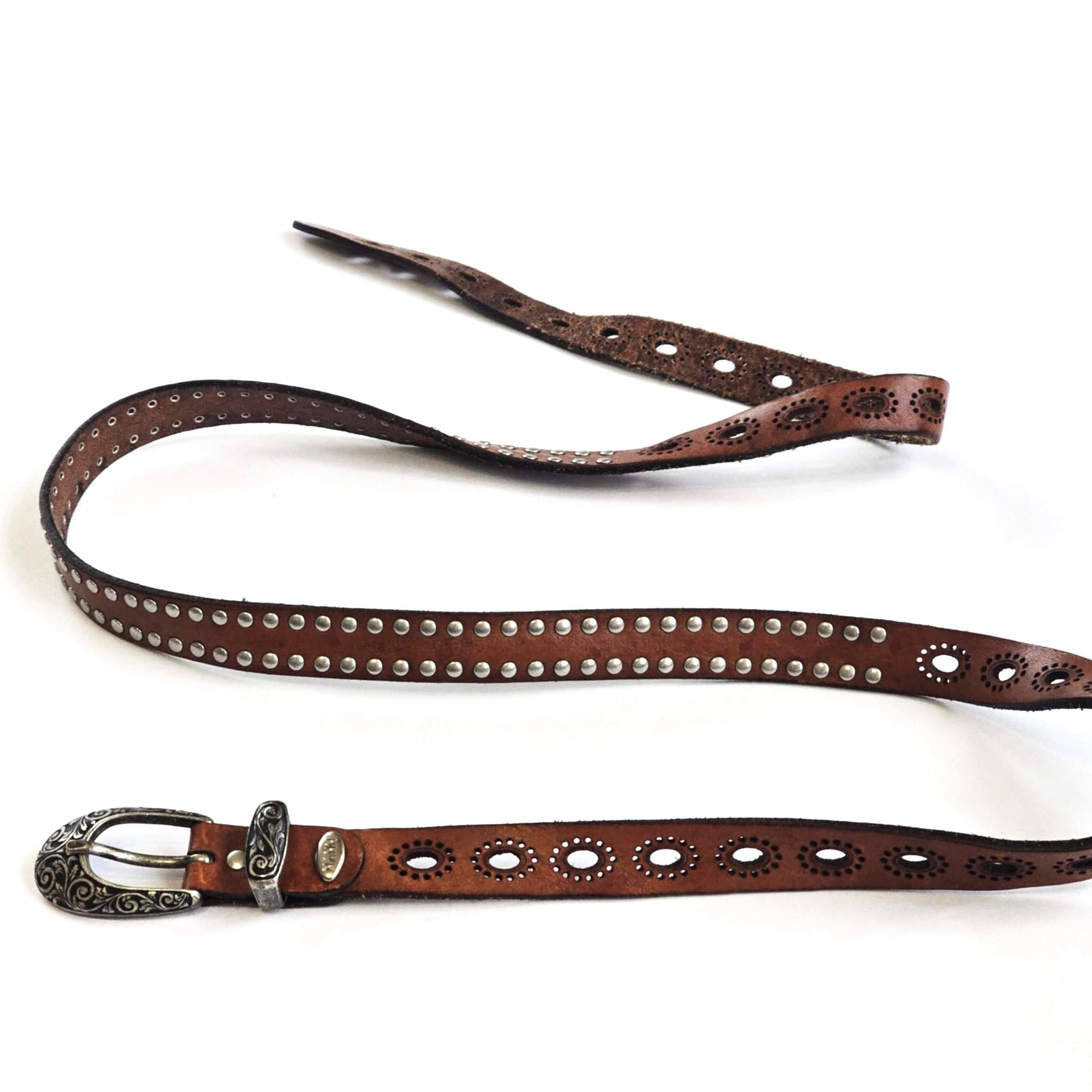 Nanny (Made in Italy) Brown Studded Leather Belt with Antique Brass Buckle Vintage Nanni Italy Brown Leather Belt With Large Buckle  main image 4