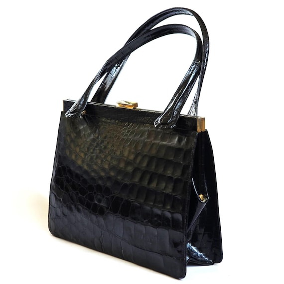 Vintage Black Leather Handbag Embossed Patent Women Top Handle Bag 