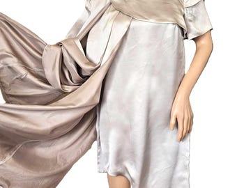 Vintage TinaH Oslo Silk Dress Asymmetrical Statement Beige Gown with Layered Cascading Drapes Knee Length Scandinavian Luxury Fashion