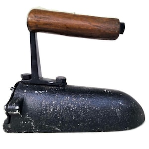 Antique Flat Sad Iron with Wooden Handle and Insert, Heavy Cast Iron Ox Tongue Hand Iron with Slug c. 1900 Vintage