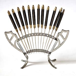 Vintage Art Deco Fruit Dessert Knife Set with Metal Display Stand Brass Blades Wooden Handles Early 20th Century German Dining Tableware