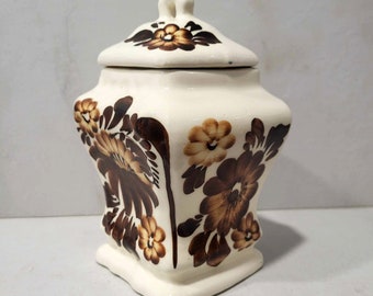 Vintage Ceramic Kitchen Jar with Lid, Cookie Jar Storage Container Brown White with Floral Design Polish Pottery Mid Century 1970s