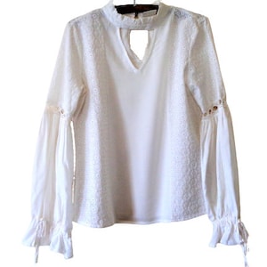White Lace Blouse, Ruffled High Neck, Wide Bishop Sleeve Blouse, Victorian Aesthetic, Edwardian Fashion