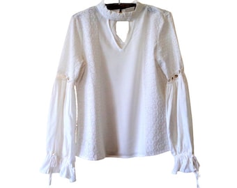 Vintage Lace Blouse 80s Victorian White High Neck Boho