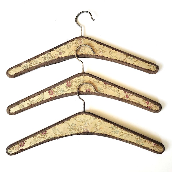 Vintage Tapestry Covered Wood Clothes Hangers Set of 3, Adult Coat Hangers, Antique Edwardian Closet Wardrobe