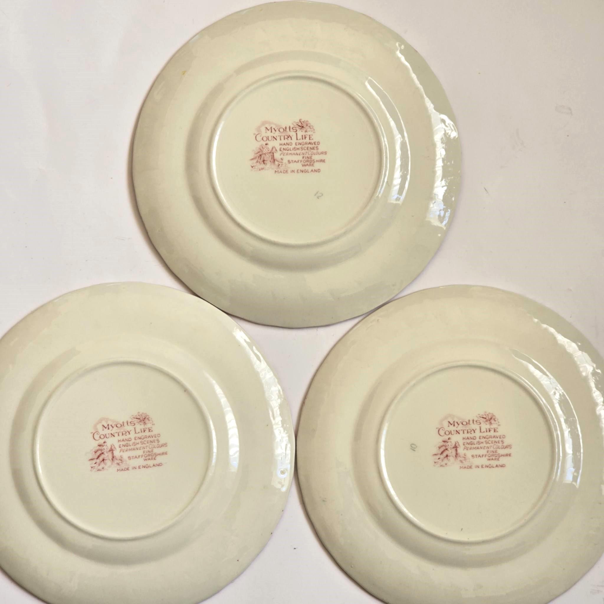 English Red Dessert Side Salad Plates Set of 3, Myott Country Life