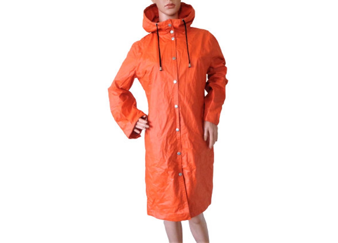 Womens Raincoat Rubber Orange Rain Jacket Long Hooded Rain Etsy UK