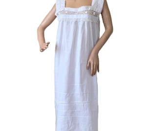 Antique Linen Under Dress, White Crochet Lace Nightgown Pettycoat, Summer Night Dress, Edwardian Undergarment 1930s 1940s