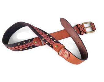 Brown Leather Canvas Studded Brass Rings Concho Belt  display picture 2
