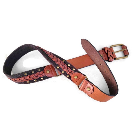 Brown Leather Canvas Studded Brass Rings Concho Belt  display picture 1