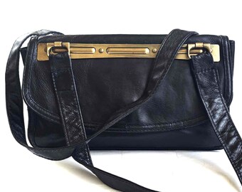 Black Leather Shoulder Bag, Three Bags of Finland, Everyday Women's Handbag, Vintage 90s Leather Purse, Clasp Closure Bag