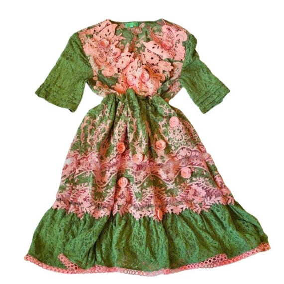 Vintage Italian Lace Dress, Pink Green with Roses… - image 2
